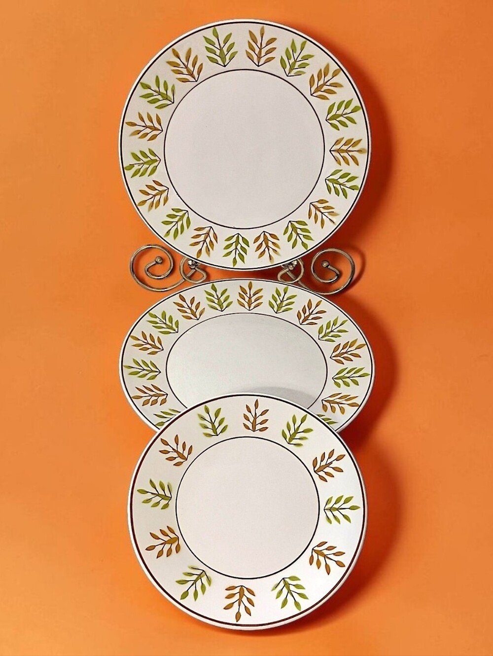 3 Mikasa Nassau Dinner & Salad Plates Set Japan Leaf Cera Stone MCM Atomic Vtg